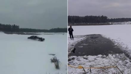 "Безумный Саша". На Гомельщине любитель зимнего дрифта утопил авто на озере – фото, видео